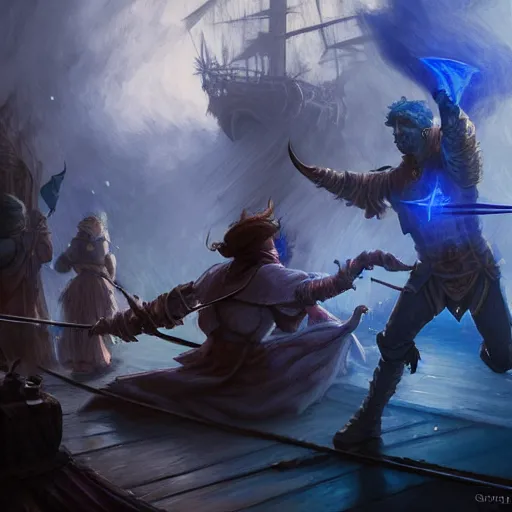 Image similar to D&D fantasy combat fighting blue ghosts on a ship lower deck, intricate, elegant, highly detailed, D&D, digital painting, artstation, concept art, matte painting, sharp focus, illustration, glowing light and shadow, atmospheric, shadowy, cinematic, in the style of Greg Rutkowski and artemisia gentileschi and Alphonse Mucha