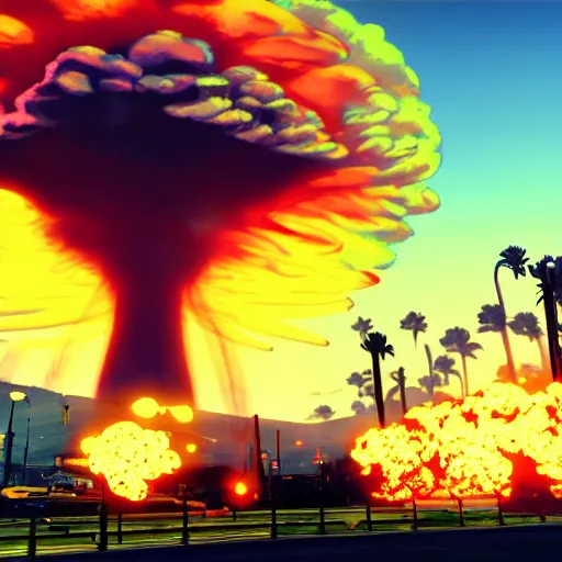 Image similar to nuclear explosion, huge mushroom cloud, grand theft auto 5 screenshot