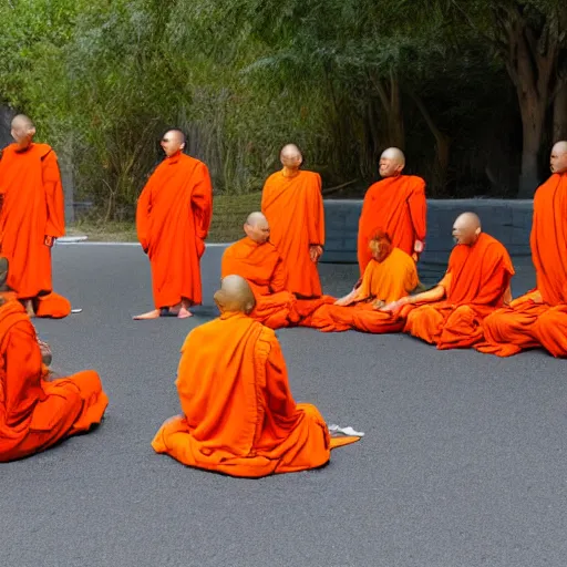 Image similar to humanoid dinosaurs wearing orange monk robes sitting in a circle in meditation pose