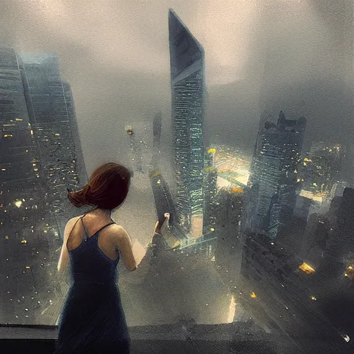 Image similar to “ a girl standing on a ledge looking down at a futuristic new york city below, storm clouds, digital art, sketches by craig mullins ”