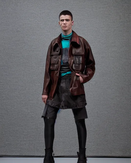 Prompt: an award - winning photo of a male model wearing a baggy teal distressed medieval leather menswear field jacket by issey miyake, 4 k, studio lighting, wide angle lens