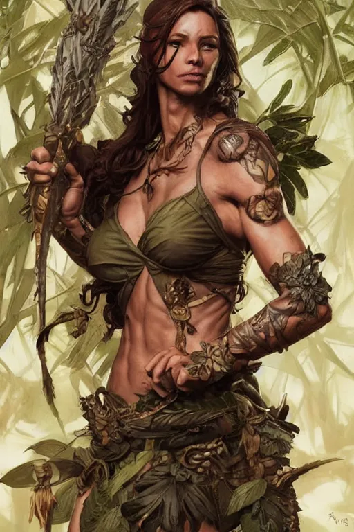 Prompt: full body portrait of a jungle fighter lady, muscular, upper body, arm tattoos, D&D, fantasy, intricate, elegant, highly detailed, digital painting, artstation, concept art, matte, sharp focus, illustration, art by Artgerm and Greg Rutkowski and Craig Mullins and Alphonse Mucha