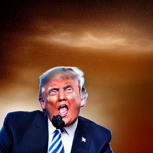 Image similar to donald trump screams so loudly that his head explodes, realistic, hdr, clear image, thunderstorm in donald trump's office, 8 k, super real event,