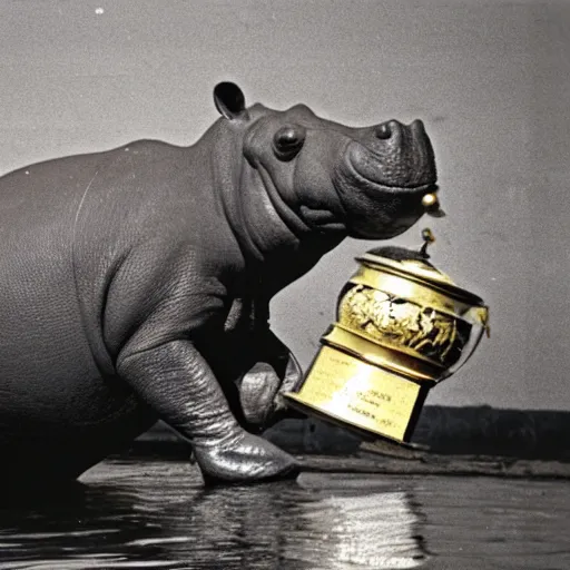 Image similar to a hippopotamus with a golden trophy in its mouth. photograph.