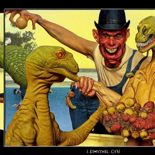 Image similar to lemon - headed dinosaur man happy, ultra detailed, style of norman rockwell, style of richard corben, 4 k, rule of thirds.