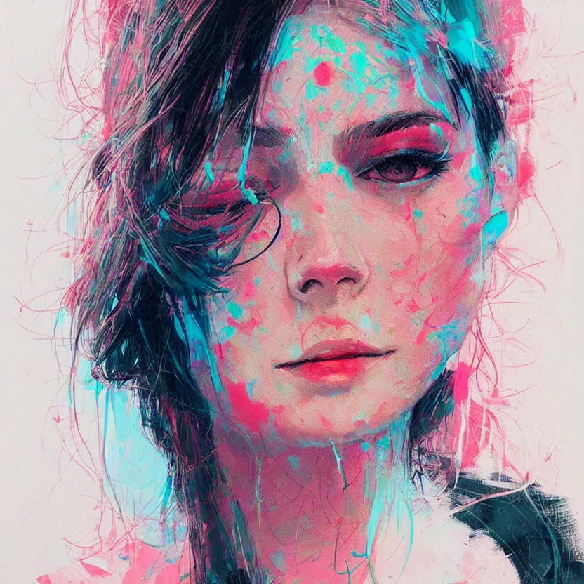 Image similar to close up portrait painting of a female dressed in nineties street styling, concept art, intricate details, highly detailed, aesthetically pleasing pastel colors, art by conrad roset