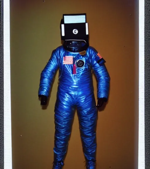 Prompt: A photo taken at night of 1980s VR spacesuit designed by US Army, scary athmosphere, dark, single vague light, desert military base, desatured colors, slightly old Polaroid photo found in the attic