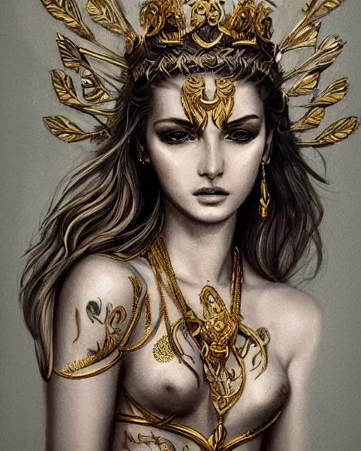 Image similar to tattoo sketch of beautiful super model aphrodite greek goddess wearing a gold laurel wreath and triangle earrings, beautiful piercing gaze with sharp pupils, beautiful blonde hair, in the style of greg rutkowski, fantasy, amazing detail, epic, elegant, smooth, sharp focus, front view