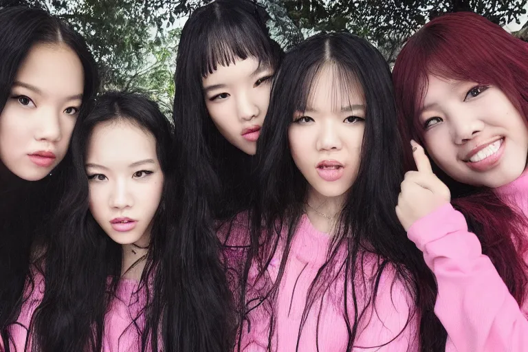 Image similar to a portrait of 4 blackpink singers posing in the rain