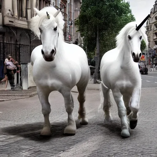 Image similar to two white unicorns riding bikes in city street, photoreal