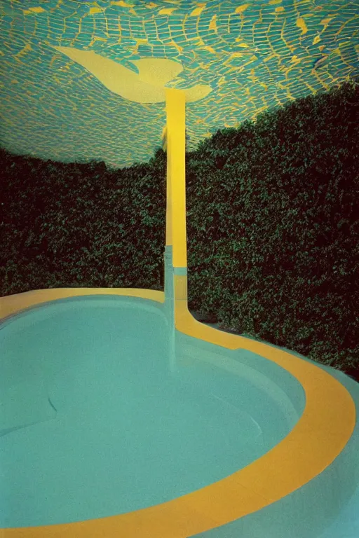 Image similar to non - euclidean tiled curving swimming pool tunnels into infinity, multiple paths, 1 9 6 0 s, color bleed, ektachrome photograph, volumetric lighting, f 8 aperture, cinematic eastman 5 3 8 4 film stanley kubrick