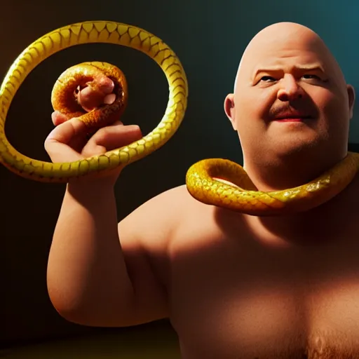 Prompt: Shirtless bald fat man holding onion rings wrapped around a snake, realistic artstyle, wide shot, dramatic lighting, octane render, hyperrealistic, high quality, highly detailed, HD, beautiful, cinematic, 8k, unreal engine, facial accuracy, symmetrical