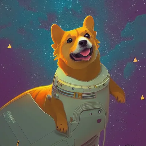 Prompt: a corgi cosmonaut in outer space, detailed digital painting by simon stalenhag, background of stars, extremely beautiful, exquisite, expansive, intense