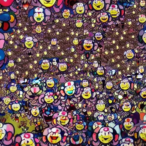 Image similar to A wide shot of a swarm of demons flying up from the depths of Hell in the style of Takashi Murakami