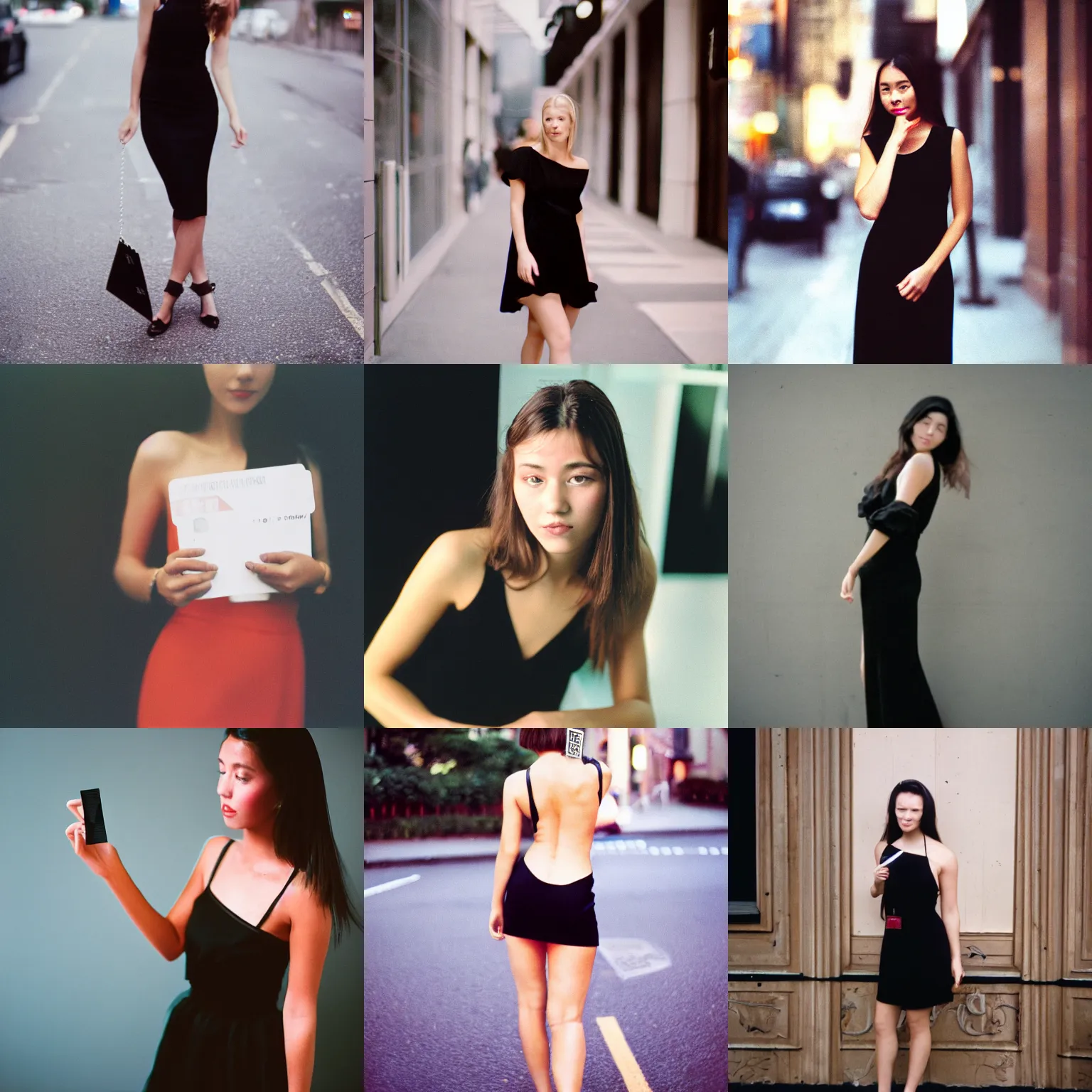 Prompt: attractive girl wearing a black dress holding a black credit card, Cinestill 800t