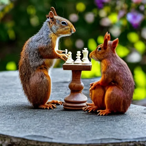 Prompt: squirrels playing chess on a stone table, a crowd watching