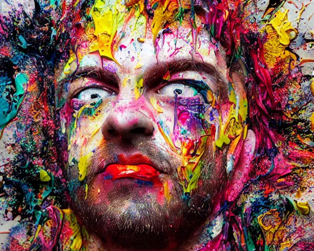 Image similar to abstract expressionist portrait of a head made of very thick impasto paint and acrylic pour and coloured powder explosion and splashing paint and dripping paint and flying paint chunks, art by antony micallef, motion blur, hyperrealistic, intricate art photography, anatomically correct, realistic crisp textures, 1 6 k