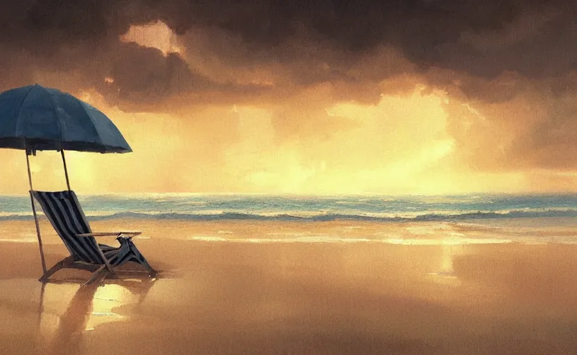 Image similar to painting of a beach chair at sunset with heavy thunderstorm in background, natural light, concept art, by greg rutkowski, cozy atmospheric and cinematic lighting