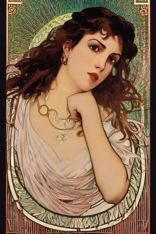 Image similar to portrait of monica belucci from the movie malena, artwork by alphonse mucha