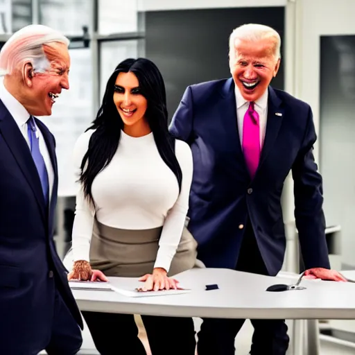 Image similar to stock photo of kim kardashian, and joe biden wearing suits and ties laughing in an office building, 8k resolution, full HD, cinematic lighting, award winning, anatomically correct