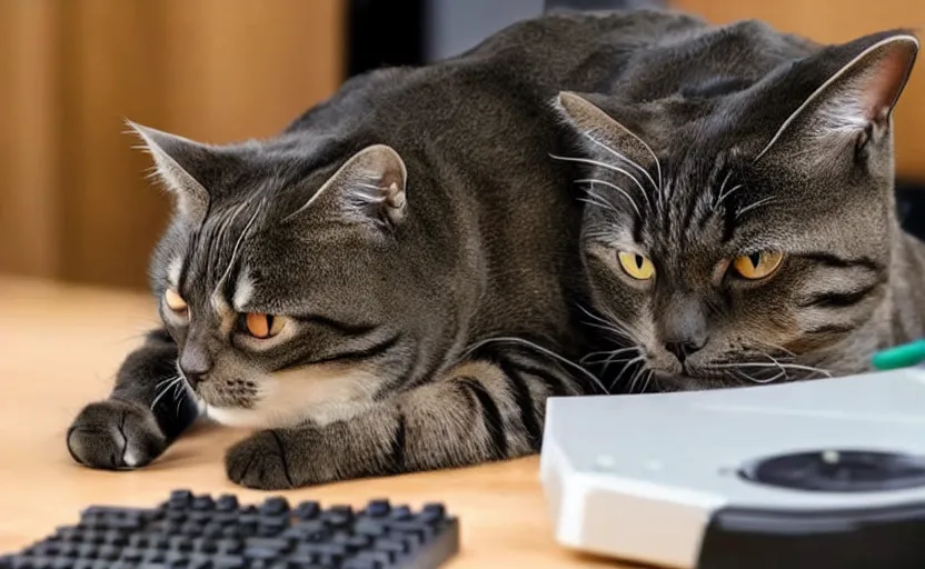 Image similar to a cat using a gaming computer, realistic