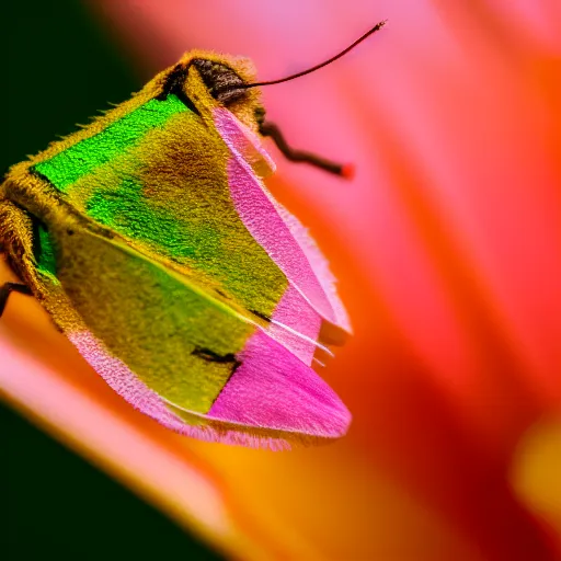 Image similar to macro shot of a flourescent moth, 4k