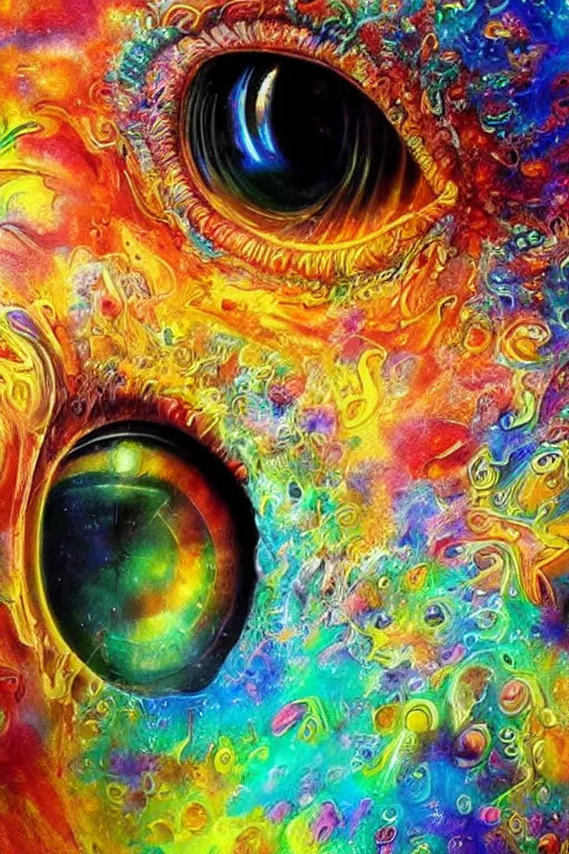 Image similar to hyperrealistic abstract close-up Renaissance psychedelic!! celestial happy! pure creature!! peaceful! kind spirit of nature! beautiful fractal!! eyes! highly detailed concept art eric zener elson peter cinematic hard rainbow lighting high angle hd 8k sharp shallow depth of field endless, inspired by Zdzisław Beksiński Salvador Dali