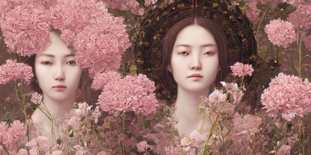 Image similar to breathtaking detailed weird concept art painting of few goddesses of light pink flowers, orthodox saint, with anxious, piercing eyes, ornate background, amalgamation of leaves and flowers, by Hsiao-Ron Cheng, extremely moody lighting, 8K