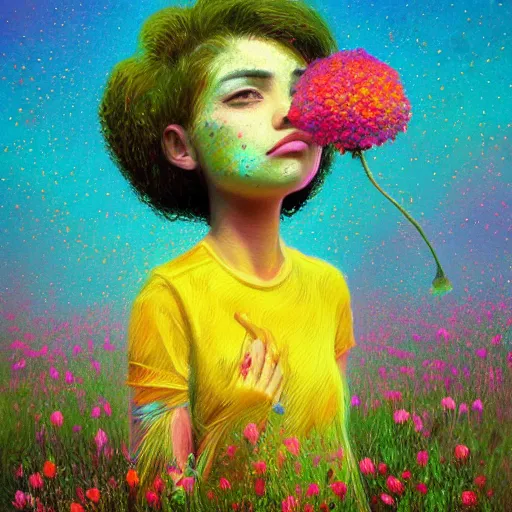 Prompt: girl with surreal flower as a face, flower field, big trees, sunrise dramatic light, impressionist painting, colorful clouds, digital painting, pointillism, artstation, simon stalenhag