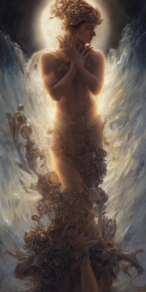 Image similar to goddess, masterpiece , cinematic, powerful, moon beams dramatic light, highly, intricate elements, hollow souls, detailed, digital painting, artstation, concept art, sharp focus, illustration, dynamic by Edgar Maxence and Ross Tran and Michael Whelan art by Livia Prima and Tom bagshow and Mitch Foust, Frank frazetta