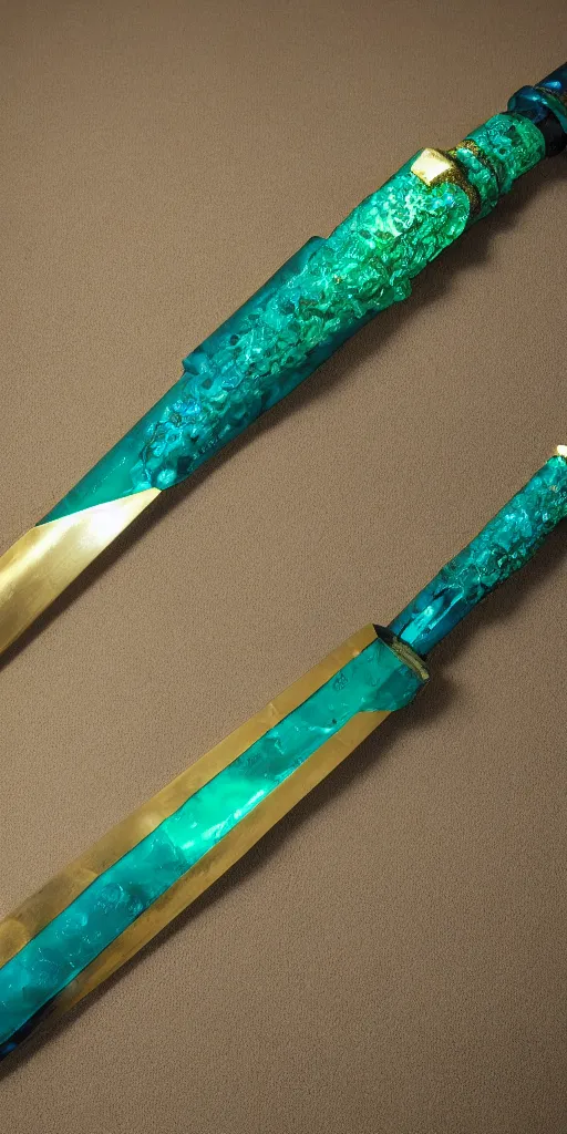 Prompt: photograph of a large green and teal crystal sword with a gold sword hilt