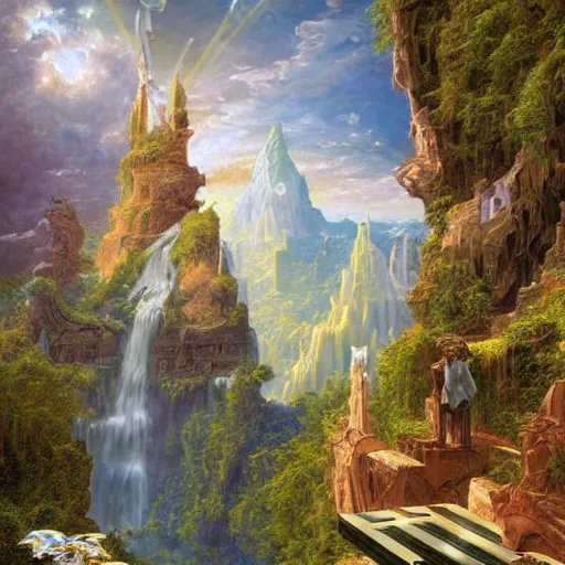 Prompt: realistic detailed view of heaven by terance james bond, russell chatham, greg olsen, thomas cole, james e reynolds, photorealistic, fairytale, art nouveau, illustration, concept design, storybook layout, story board format