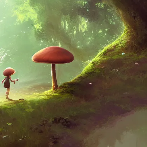 Image similar to a tiny mushroom person with a mushroom for a head walking by a stream in a lush forest. cgsociety masterpiece, artstation trending, by rossdraws, ghibli, Kimi no Na wa, greg rutkowski