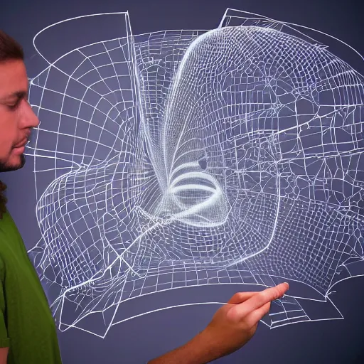 Image similar to Person using a holographic 3d mind map. User interface. Award-winning. UX/UI. User experience. Natural intuitive expressive. Multi-layered. Graspable. Easy. Complex.