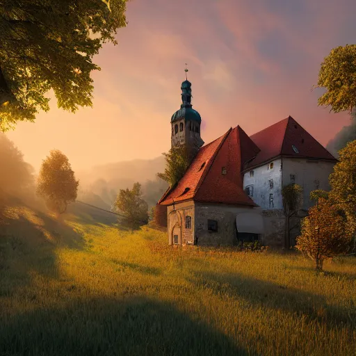 Prompt: a beautiful hyper realistic photo of banska stiavnica in summer with old houses and trees in sunset, sky, v - ray, octane render, unreal engine, by greg rutkowski and james gurney, artstation