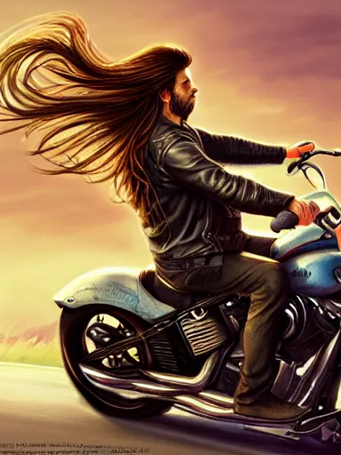 Prompt: handsome man with long hair riding a harley davidson in the wild. intricate, elegant, highly detailed, digital painting, artstation, cinematic shot, concept art, sharp focus, illustration, by justin gerard and artgerm, 8 k