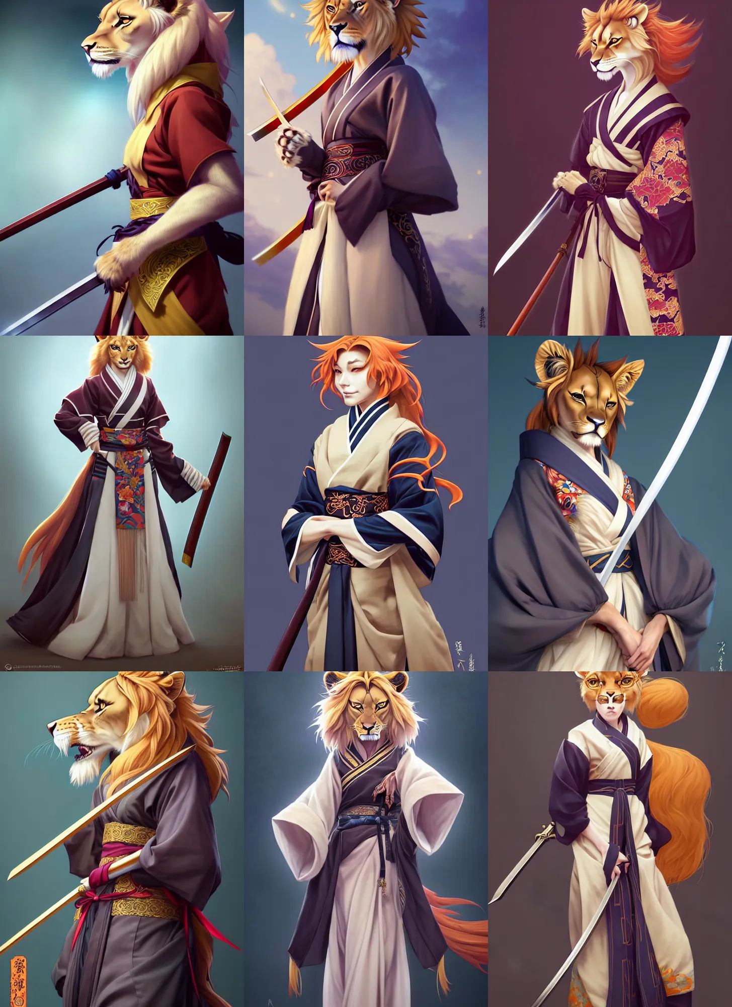 Prompt: beautiful portrait of a female anthropomorphic lioness fursona dressed in a shinigami kimono with a sheathed ornate katana on her sash. character design by disney, charlie bowater, ross tran, artgerm, and makoto shinkai, detailed, soft lighting, rendered in octane