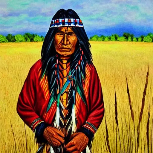 Prompt: native american indigenous man standing in a field, beautiful artwork