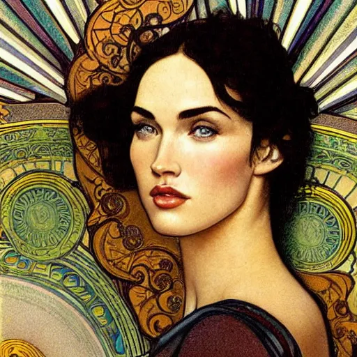 Image similar to a closeup portrait of a young megan fox, art nouveau, jugendstil, decorative background, spirals, painted by alphonse mucha