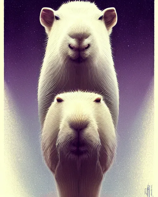 Prompt: complete and delicate portrait of a white capybara, beautiful, agile, fairy, myth, legend, detailed, trending on artstatioin, light effects, kilian eng, john harris, bastien lecouffe - deharme