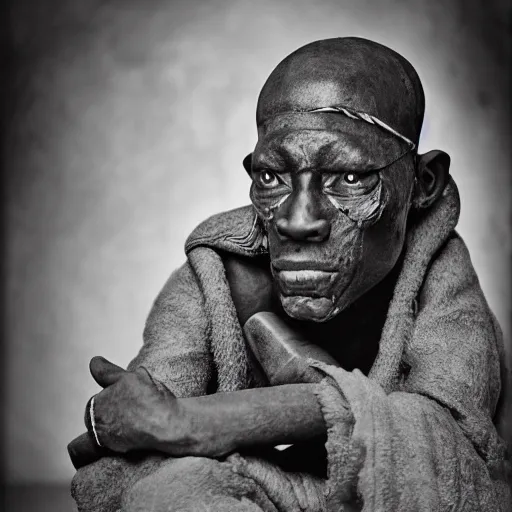 Prompt: black and white photo, portrait of Congolese voodoo master by sebastiao salgado, realistic, Leica, medium format, cinematic lighting, parallax, high resolution,