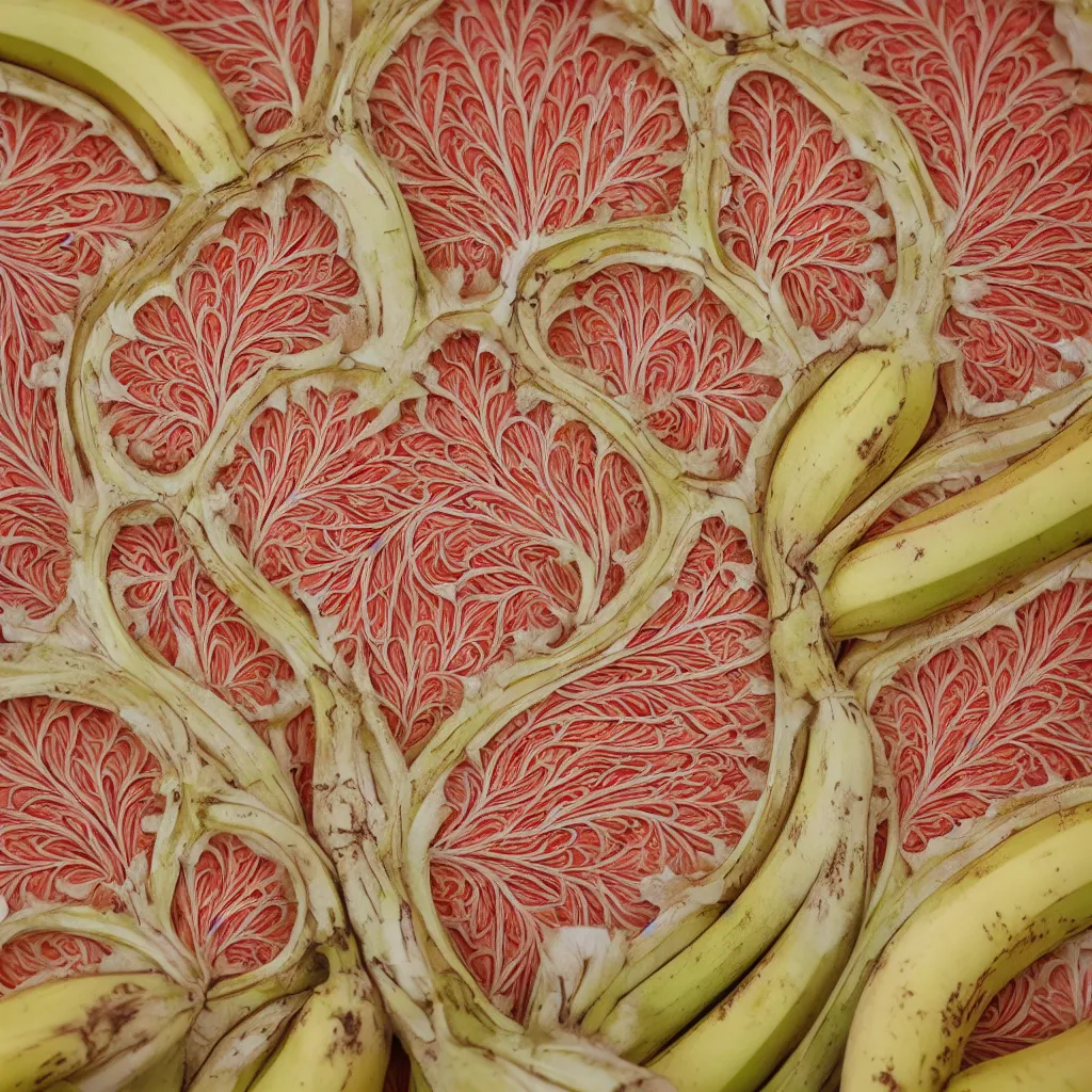 Image similar to fractal bananas that grow like coral, inside art nouveau embroidered plate with petal shape. closeup, hyper real, food photography, high quality