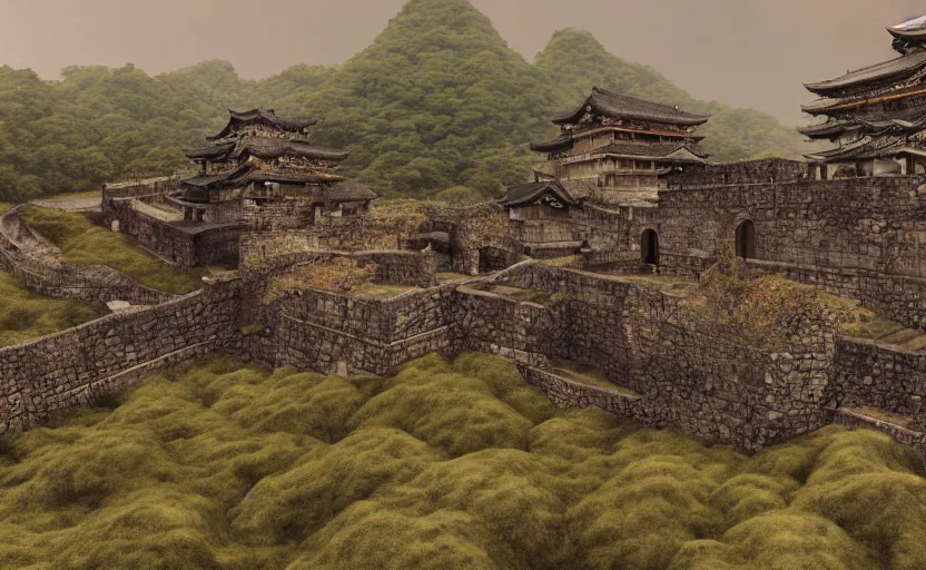 Image similar to highly detailed render of old, ruined, japanese fort from sengoku period, surrounded by dense rock formations, high in mountains, overcast weather, environment concept art, photobash, unreal engine render, nanite