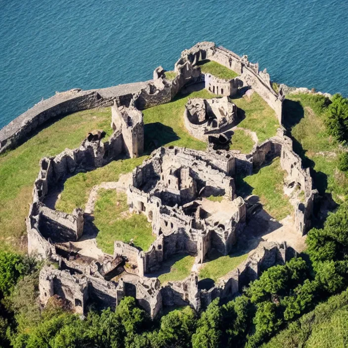 Prompt: aerial view of an ancient punisher castle compound fortress from above on a hill by the ocean shaped exactly like the punisher symbol detailed