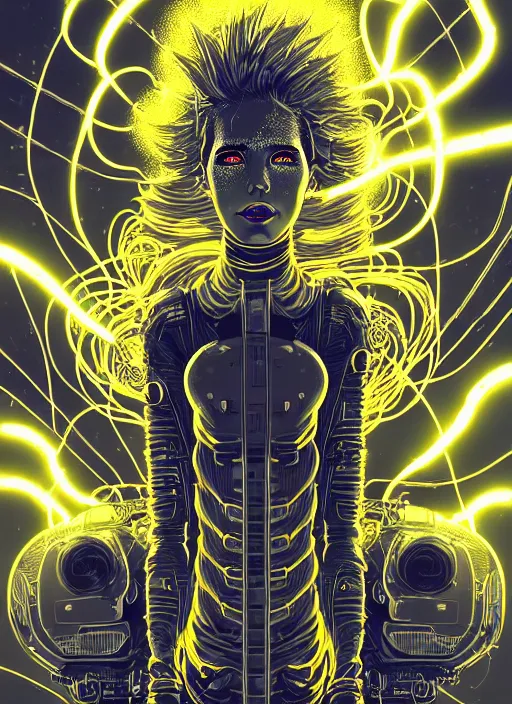 Image similar to highly detailed portrait of wasteland punk long curly glowing yellow and white plasma electricity hair tribal lady, stray electric spark wiring by atey ghailan, james gilleard, by joe fenton, by greg rutkowski, by greg tocchini, by kaethe butcher, 4 k resolution, gradient yellow, black and white color scheme!!! ( ( lightning cloudy robotic dystopian city background ) )