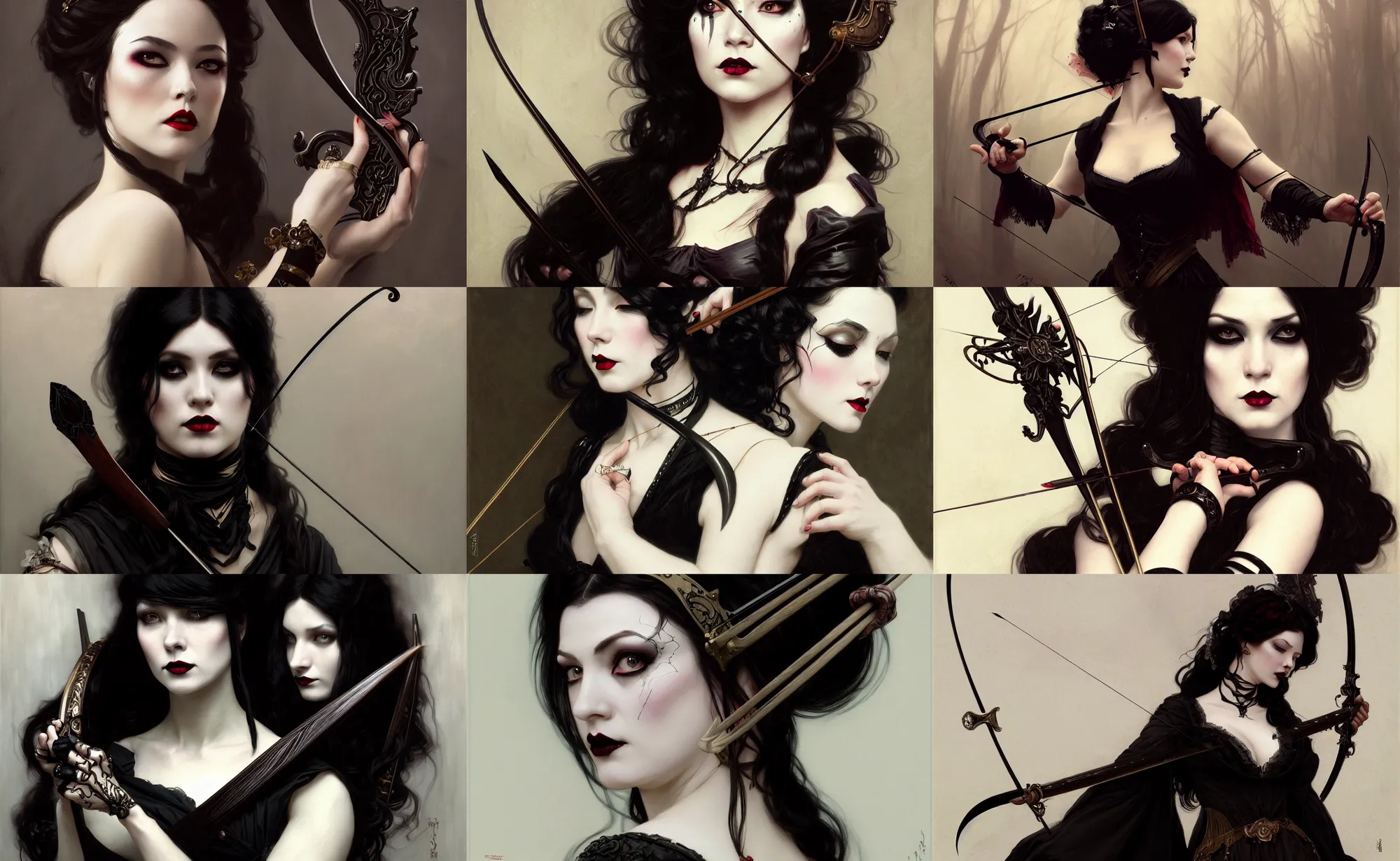 Prompt: wide shot, woman, victorian goth, white powder makeup, huntress, holding recurve bow, ebony wood bow, dark lipstick, asian, black hair, d & d, fantasy, elegant, highly detailed, digital painting, artstation, concept art, matte, sharp focus, illustration, art greg rutkowski and alphonse mucha