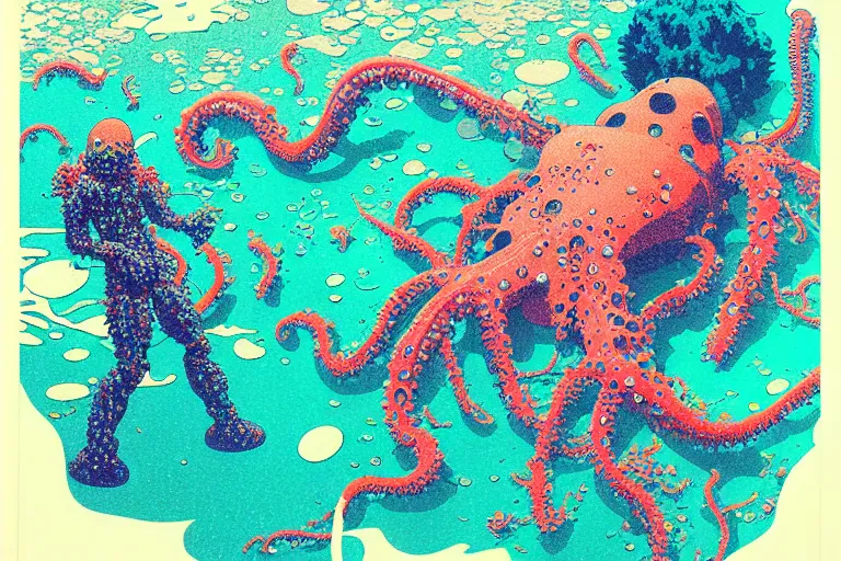 Image similar to risograph grainy drawing vintage sci - fi, satoshi kon color palette, gigantic gundam full - body covered in iridescent dead coral reef 1 9 6 0, kodak, with lot tentacles, natural blue - green colors, codex seraphinianus painting by moebius and satoshi kon and dirk dzimirsky close - up portrait