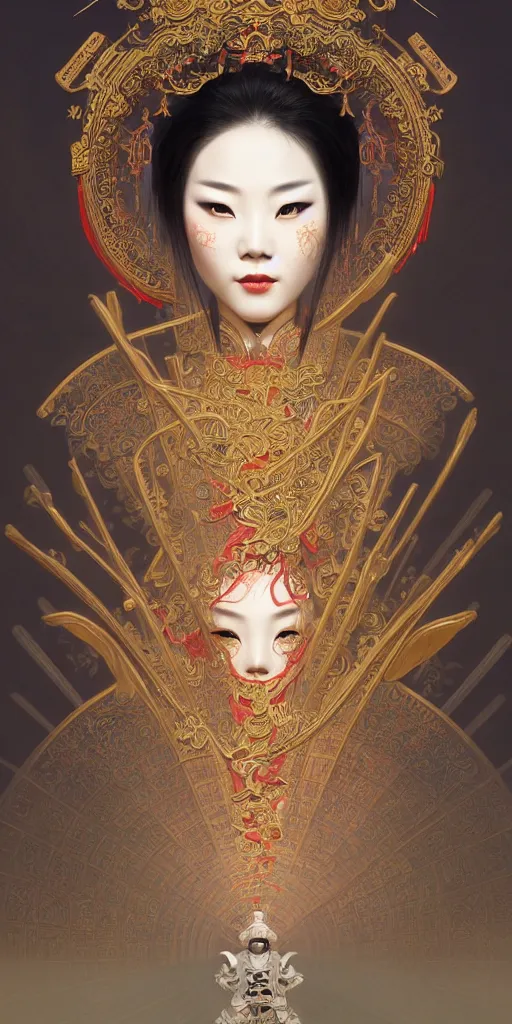 Prompt: artificial intelligence, decorated with chinese opera motifs, asian, bian lian, traditional chinese art, intricate, elegant, highly detailed, symmetry, digital painting, artstation, concept art, smooth, sharp focus, illustration, art by artgerm and greg rutkowski and alphonse mucha, 8 k