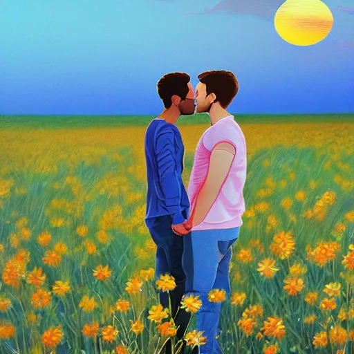 Image similar to a gay couple holding hands in a field of flowers at sunset, realistic, intricate, 4k