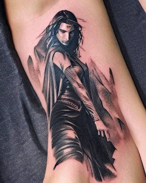 Image similar to creative double exposure effect tattoo design sketch of beautiful gal gadot faded with beautiful mountain scenery, realism tattoo, in the style of matteo pasqualin, amazing detail, sharp